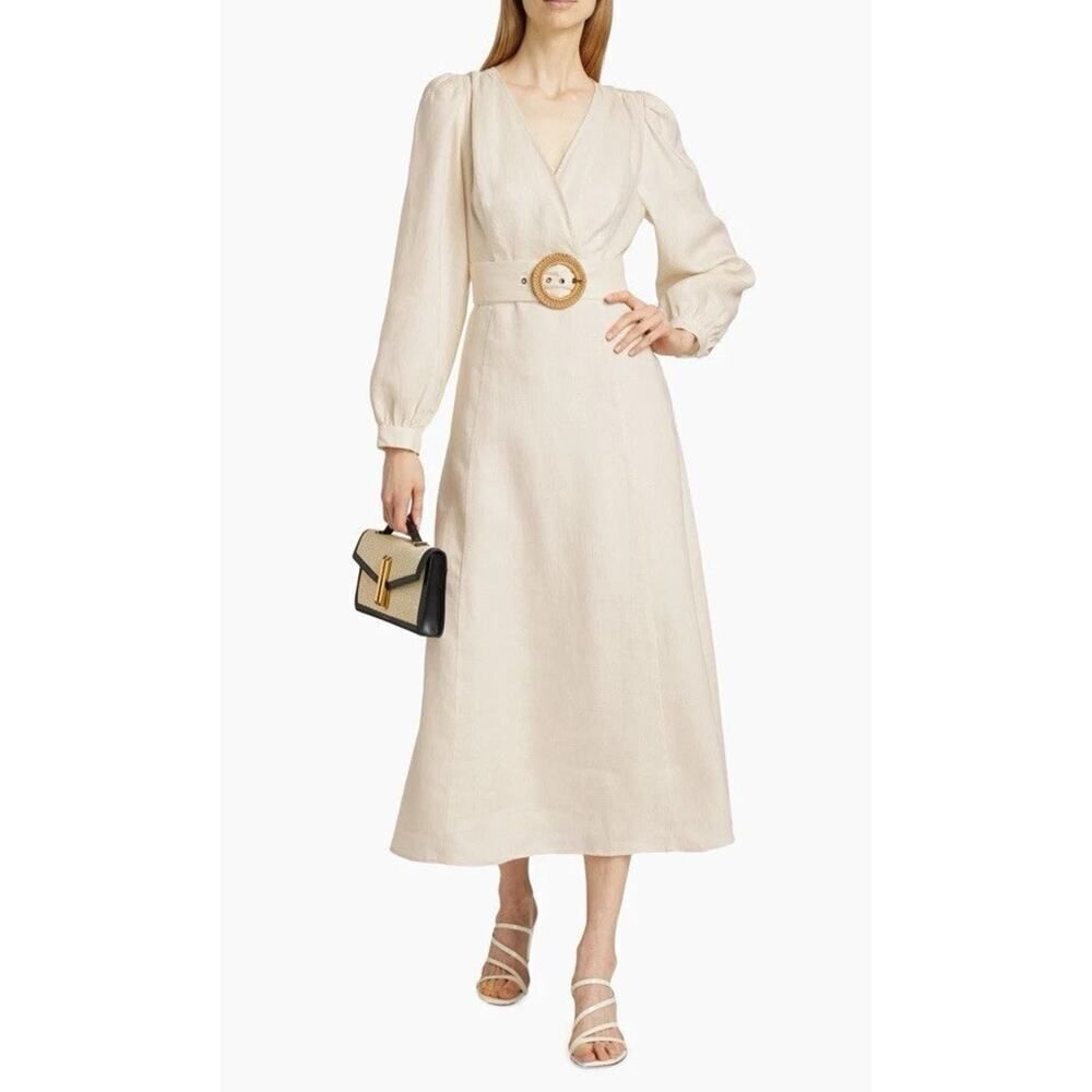 MSRP 450$ Marie Oliver Evelle Linen Tie-Waist Midi-Dress Ivory XS